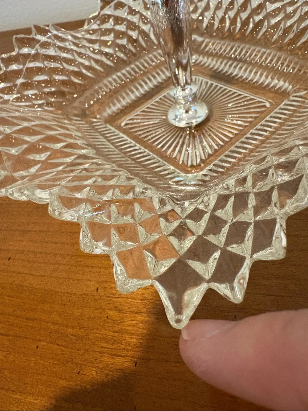Vintage Glass Diamond Point Pressed Ruffle Edges Trinket Dish with Silver Handle